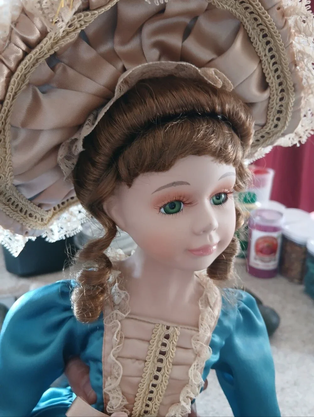 Porcelain Doll in Blue Satin Dress with Lace Trim